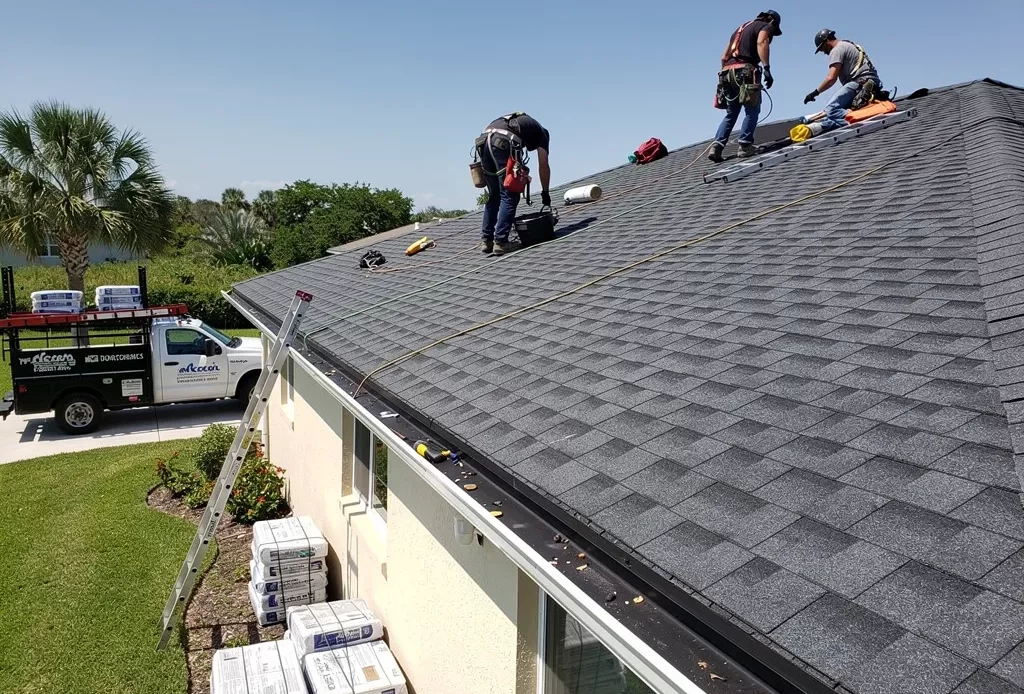 Workers working on a roof installation in Pinellas County