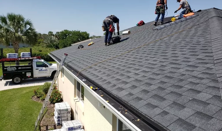 Workers working on a roof installation in Pinellas County